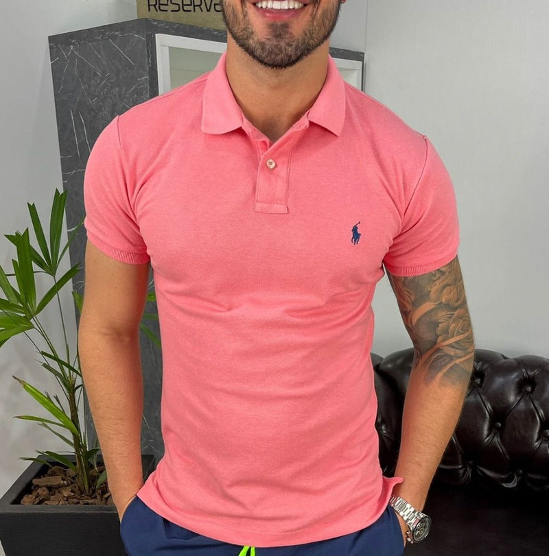 Camisa Gola Polo Ralph Lauren Masculina Custom Fit Rosa Goiaba